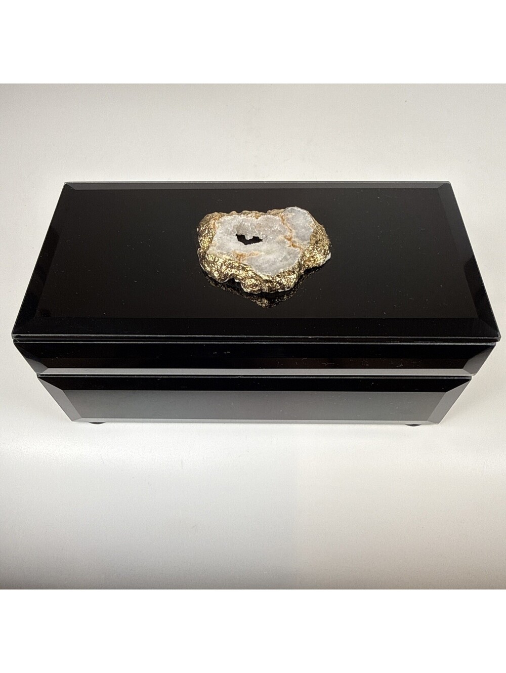 Black Glass Jewelry Box Quartz Druzy Agate Geode Gold Glamour Storage Case